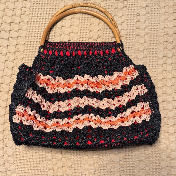 Handbags - Black Crochet Top-Handle Bag with Pink tan and Orange Accents